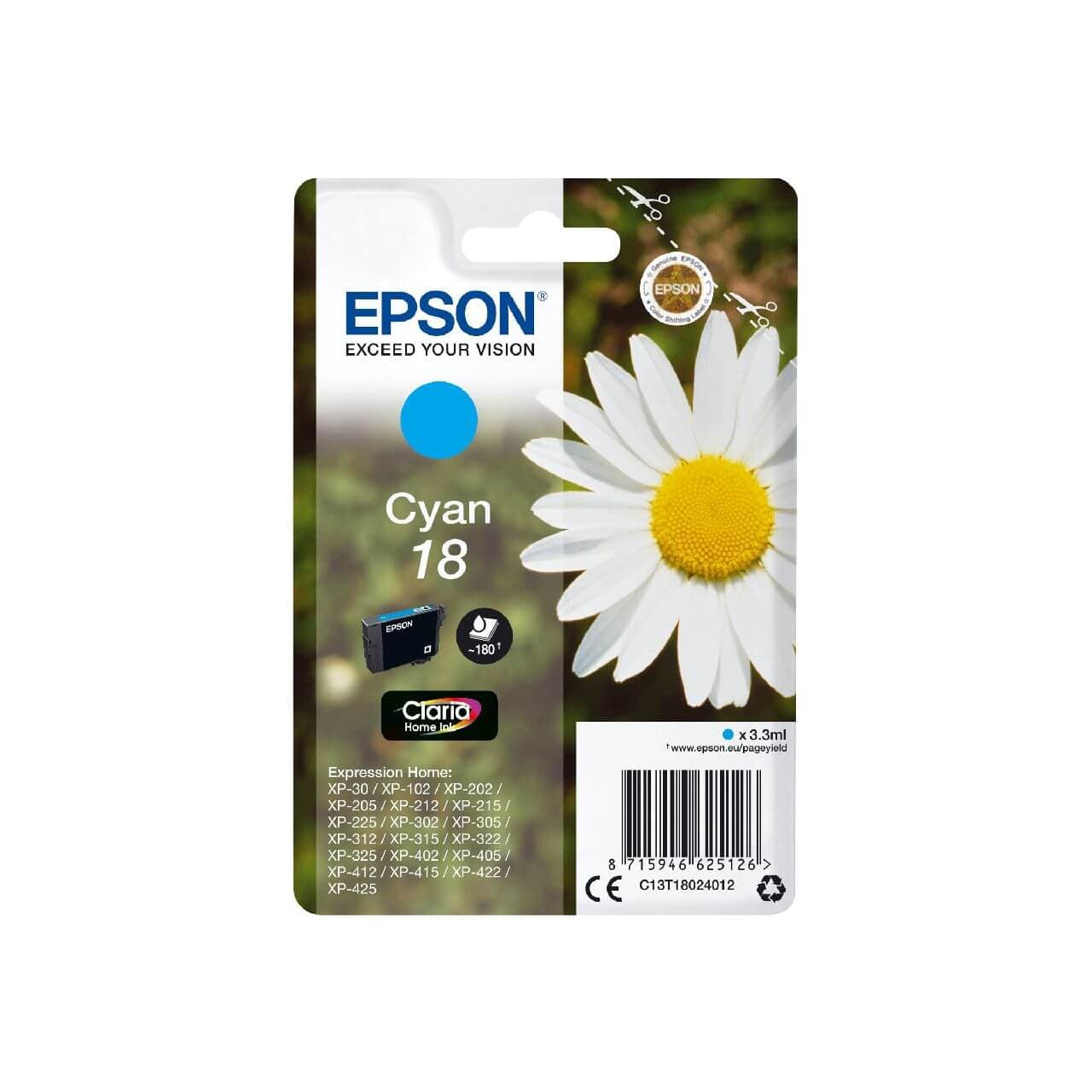 Original Epson 18 / C13T18024012 Tinte Cyan bis zu 180 Seiten 3ml